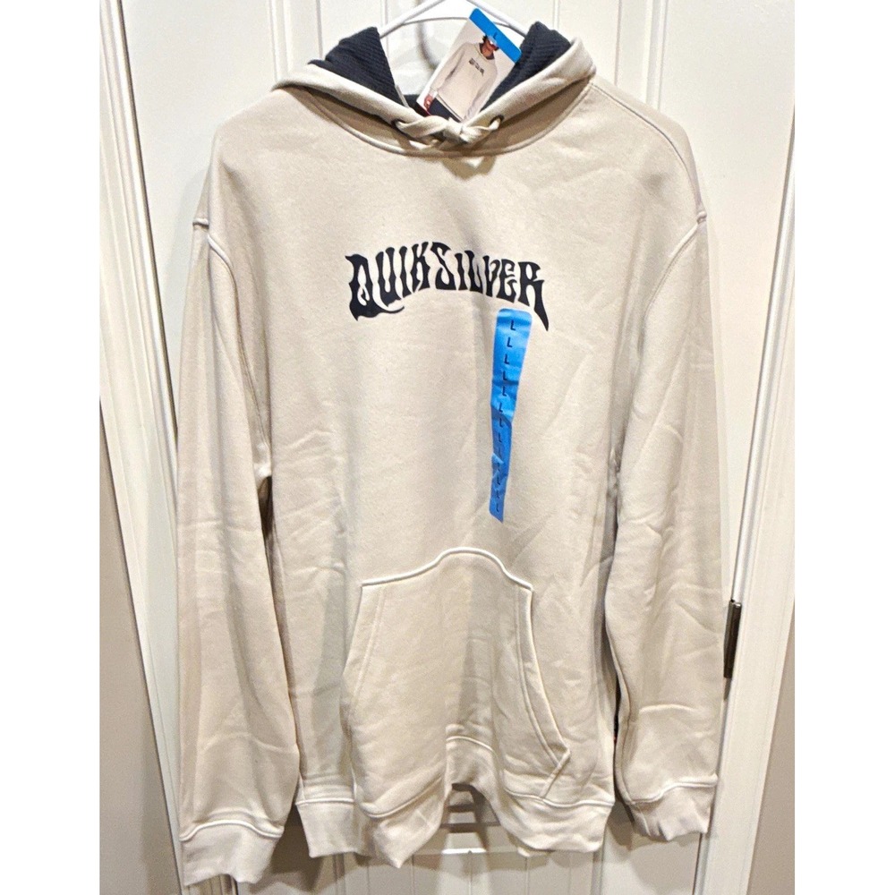 Quiksilver Men's Beige Graphic Logo Pullover Fleece Hoodie Kangaroo Pocket L NWT